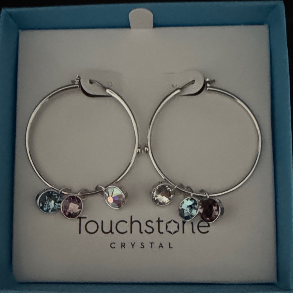 Touchstone Crystal Silver Hoops with Colorful Charms
